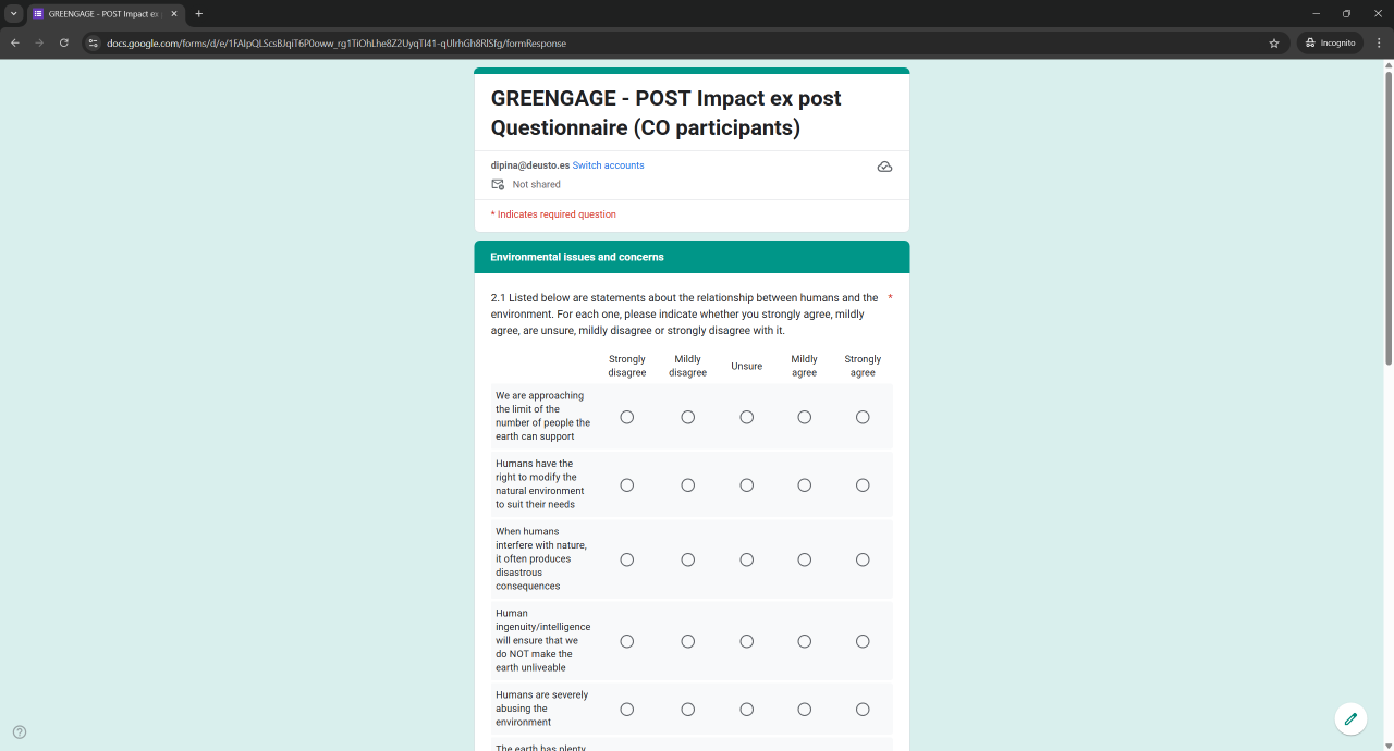 GREENGAGE's volunteers' POST Impact Evaluation questionnaire