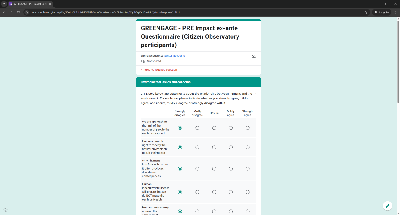 GREENGAGE's volunteers' PRE Impact Evaluation questionnaire